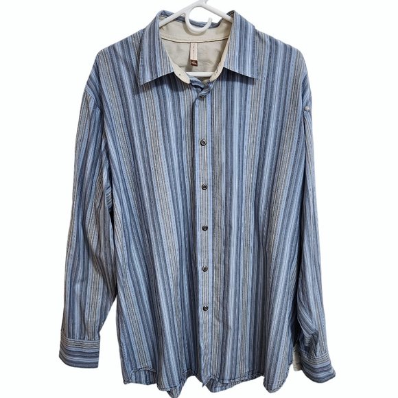 Transcript Blue Striped Button Up Cool Shirt Rough Edge Trim Back & Hem Size XL - Picture 1 of 16